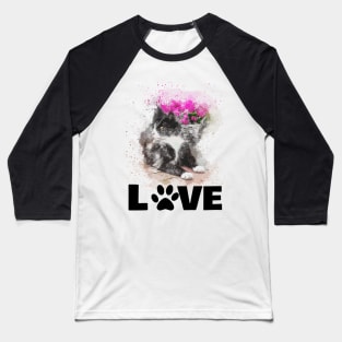 Watercolour Cat with Flowers Baseball T-Shirt